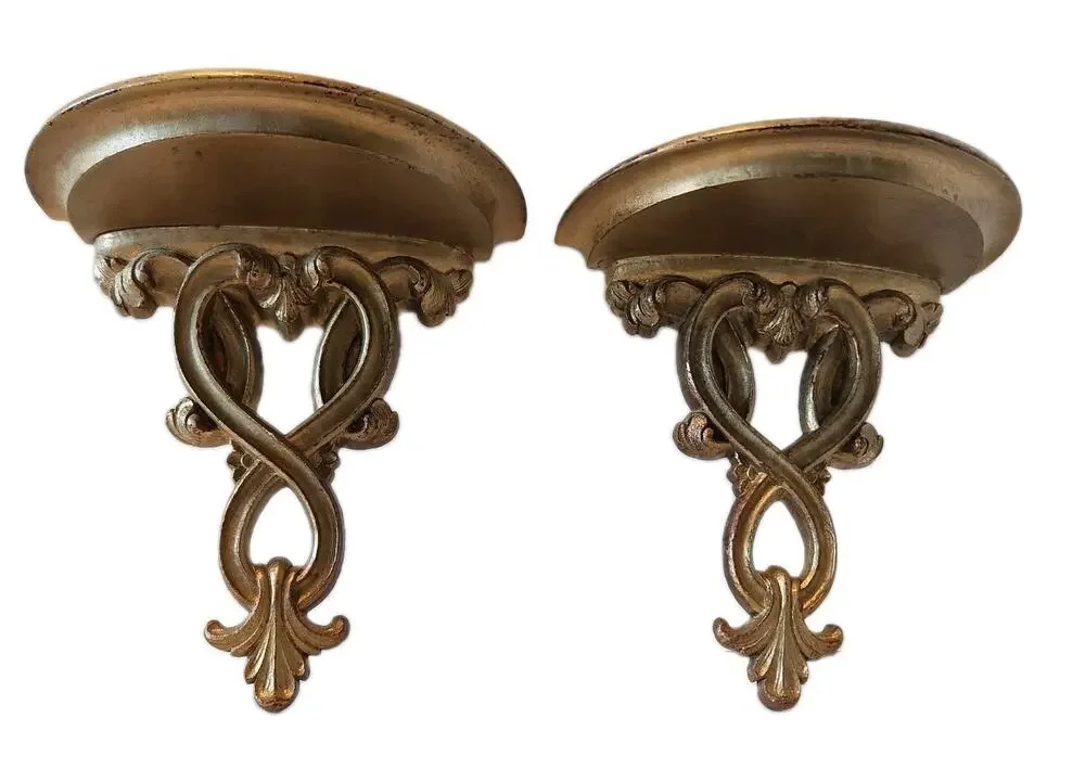 2 Vintage Hollywood Regency 60s Ornate Gold Gilded Weathered Wall Shelf Shelves